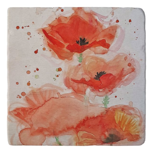 Bright Red Poppies Watercolour Flower Floral Trivet (Front)
