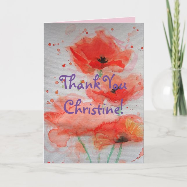 Bright Red Poppies Watercolour Thank You Card (Front)