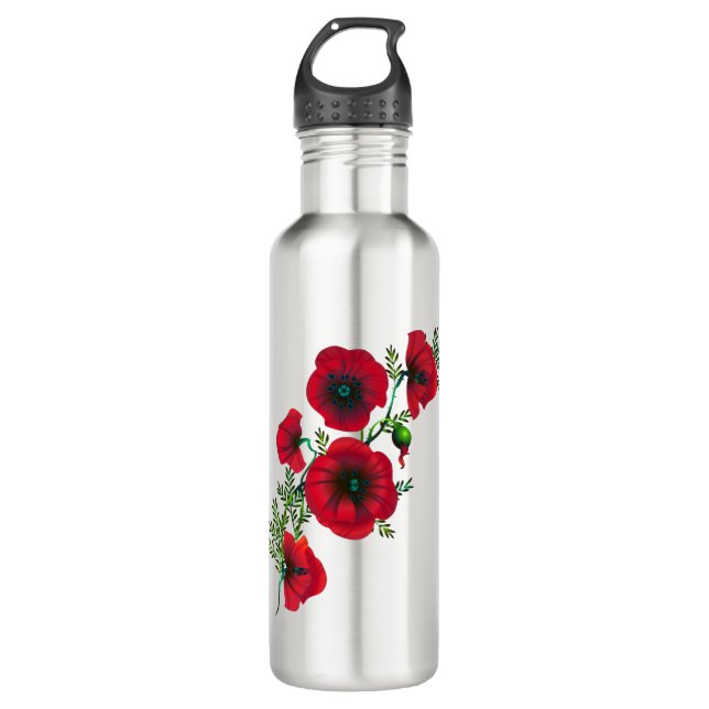 bright red poppy stainless steel water bottle (Front)