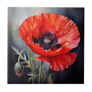 Bright Red Poppy with Dark Center Ceramic Tile