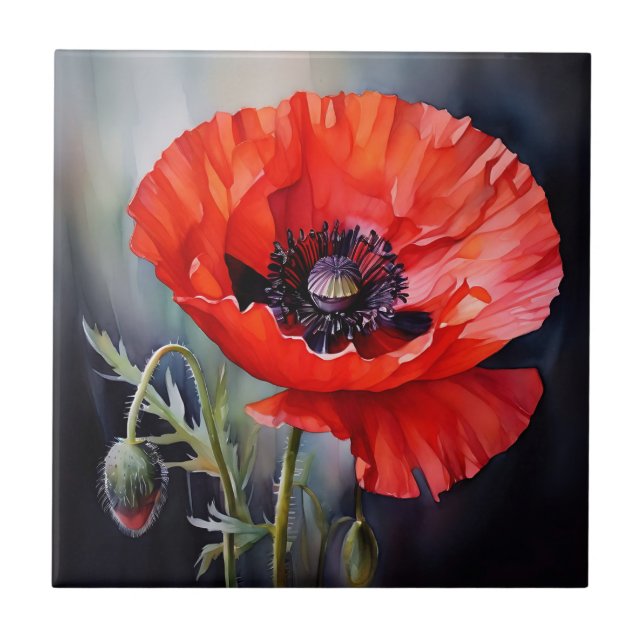 Bright Red Poppy with Dark Center Ceramic Tile (Front)