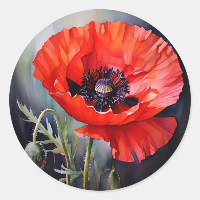 Bright Red Poppy with Dark Center Classic Round Sticker (Front)