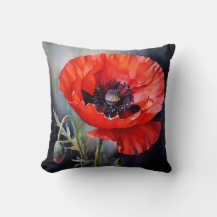 Bright Red Poppy with Dark Center Throw Pillow