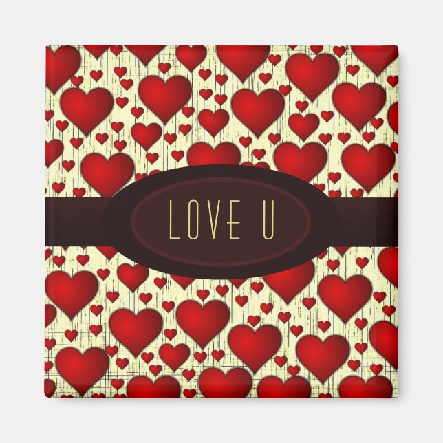 Bright Red Romantic Hearts Pattern Love U Magnet (Front)