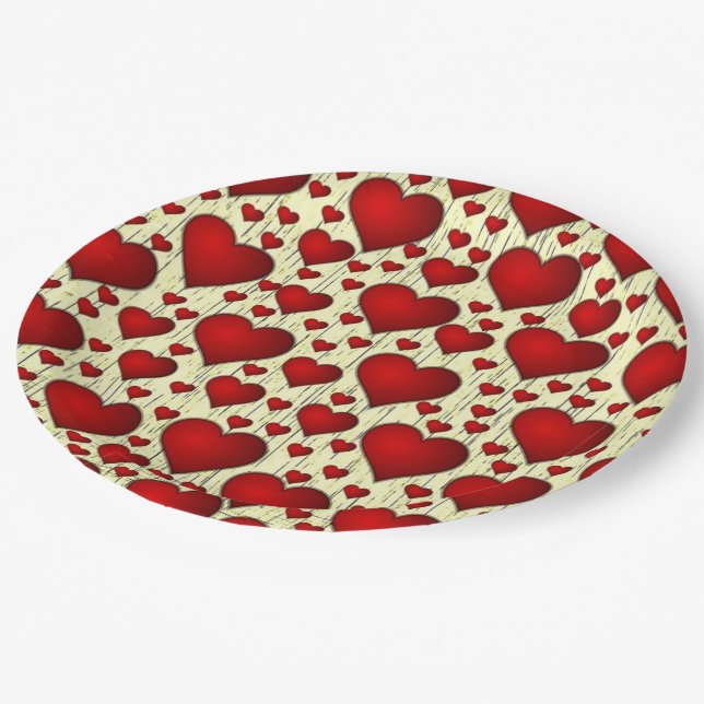Bright Red Romantic Hearts Pattern Paper Plates (Angled)