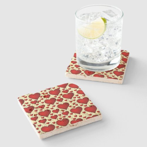 Bright Red Romantic Hearts Pattern Stone Coaster