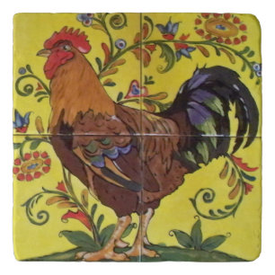 Bright Red Rooster Chicken Yellow Folk Tile Trivet