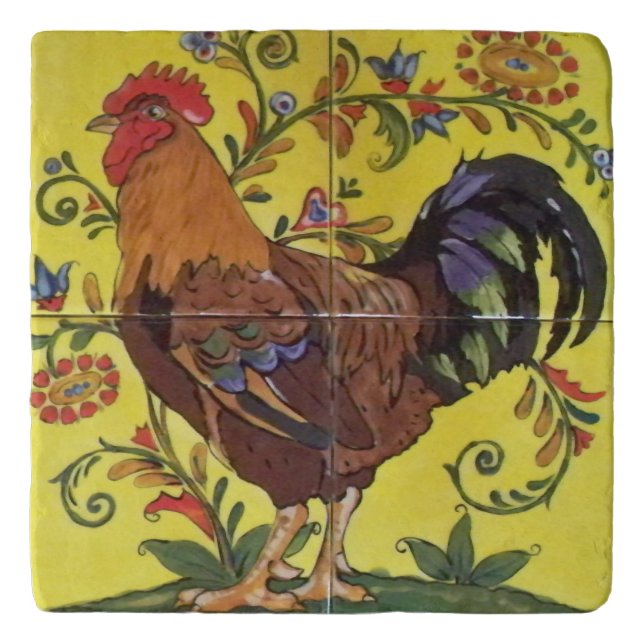 Bright Red Rooster Chicken Yellow Folk Tile Trivet (Front)