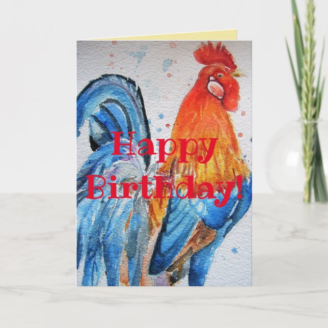 Bright Red Rooster Watercolor Birthday Card (Front)