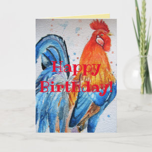 Bright Red Rooster Watercolor Birthday Card