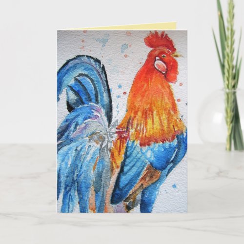 Bright Red Rooster Watercolor Card