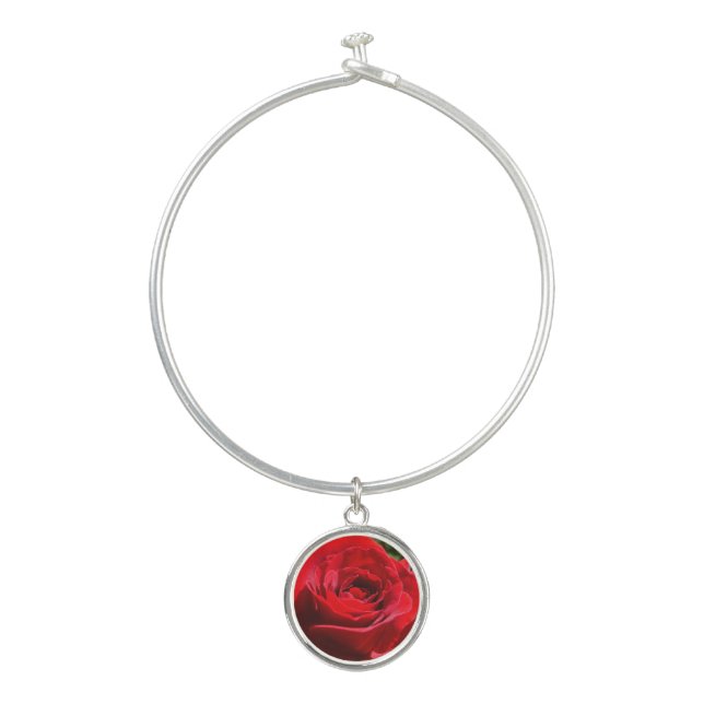 Bright Red Rose Flower Beautiful Floral Bangle Bracelet (Front)