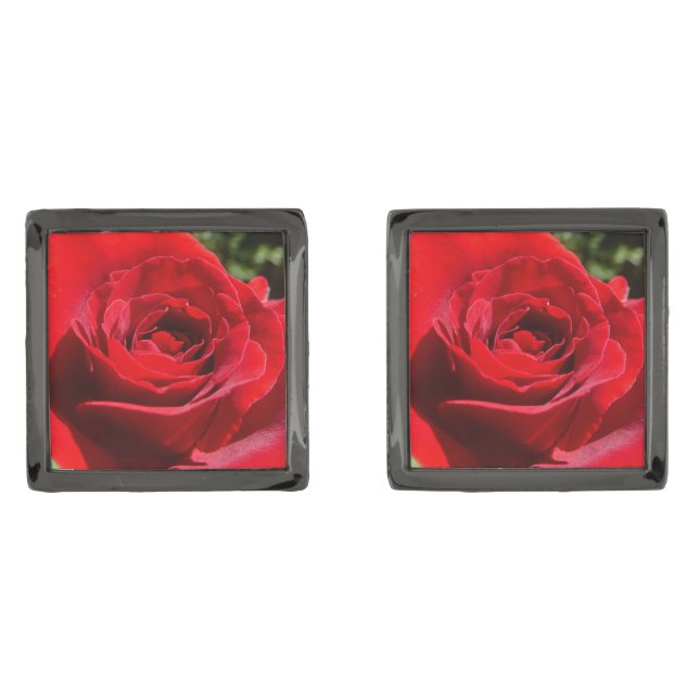 Bright Red Rose Flower Beautiful Floral Cufflinks (Front)