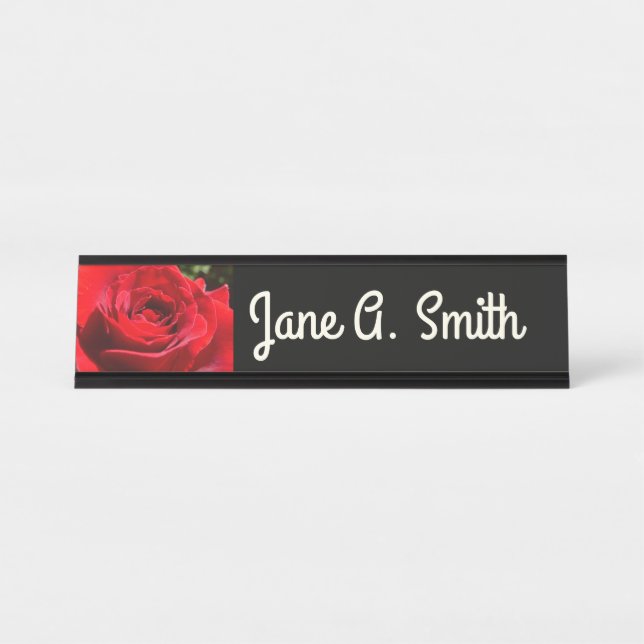 Bright Red Rose Flower Beautiful Floral Desk Name Plate (Front)
