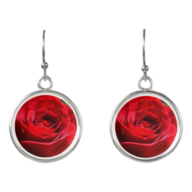 Bright Red Rose Flower Beautiful Floral Earrings (Front)