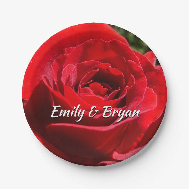 Bright Red Rose Flower Beautiful Floral Paper Plates (Front)