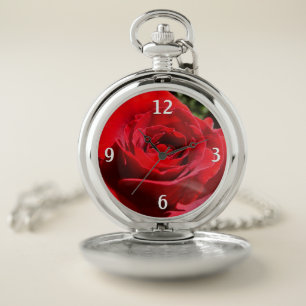 Bright Red Rose Flower Beautiful Floral Pocket Watch