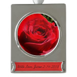 Bright Red Rose Flower Beautiful Floral Silver Plated Banner Ornament