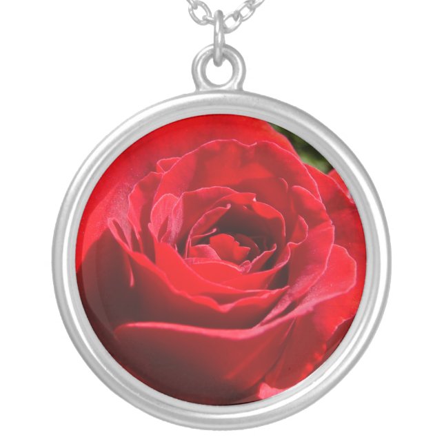 Bright Red Rose Flower Beautiful Floral Silver Plated Necklace (Front)