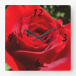 Bright Red Rose Flower Beautiful Floral Square Wall Clock