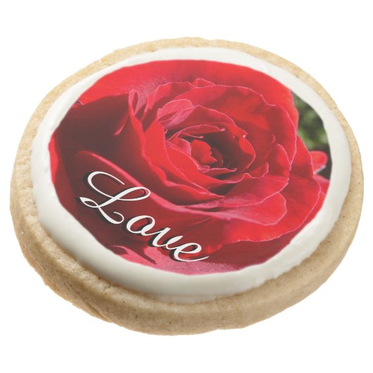 Bright Red Rose Flower Romantic Love Round Shortbread Cookie (Angled)