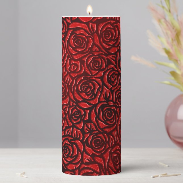 Bright Red Rose Pattern Pillar Candle (In Situ)