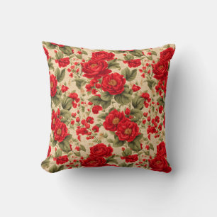 Bright Red Roses and Text Junk Journal Throw Pillow