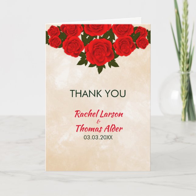 Bright Red Roses Letterpress Thank You Card (Front)