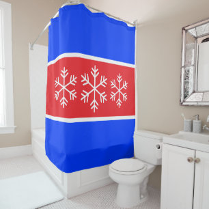 Bright Red Royal Blue Stripes White Snowflakes Shower Curtain