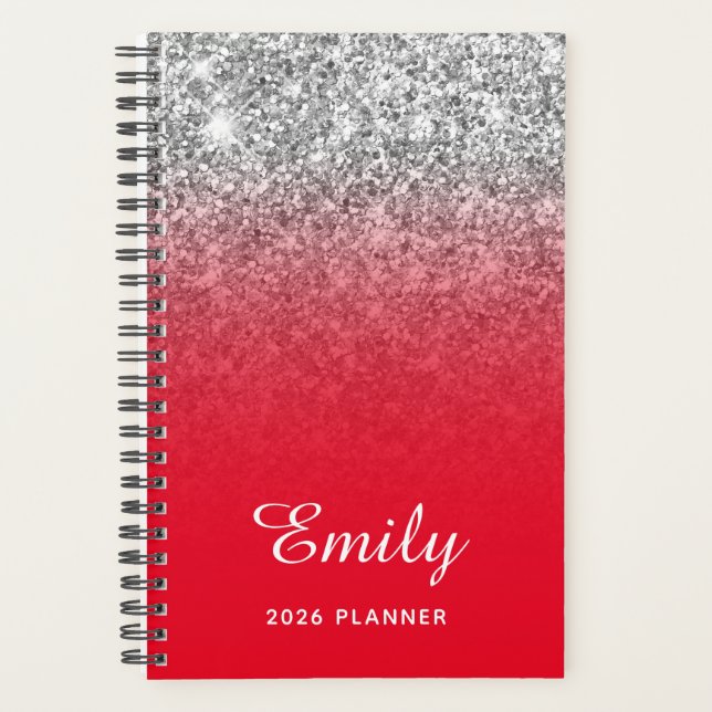 Bright Red Silver Glitter Ombre Personalized Planner (Front)