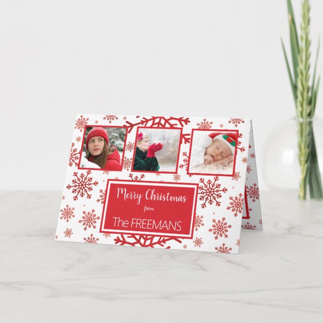 Bright Red Snowflake 3 Photo Collage Personalize Holiday Card (Front)