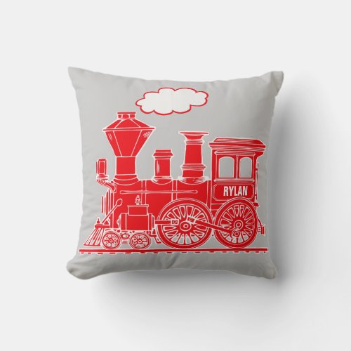 Bright red steam train loco grey throw pillow