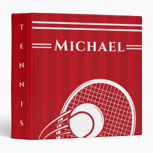 Bright Red Stripes Tennis Racket Ball Custom Name 3 Ring Binder