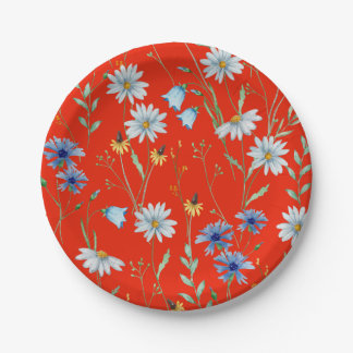 Bright Red Summer Floral Paper Plates