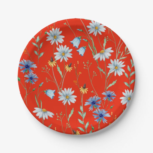 Bright Red Summer Floral Paper Plates (Front)