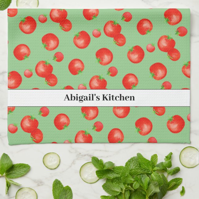 Bright Red Tomato Pattern Mediterranean Inspired  Kitchen Towel (Folded)