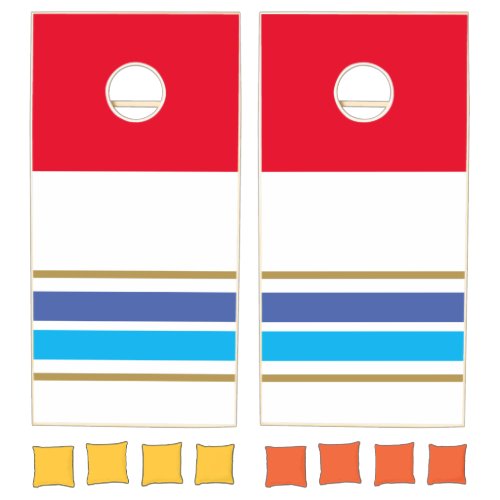 Bright Red Top Two Tone Blue Bottom Edge Stripes Cornhole Set