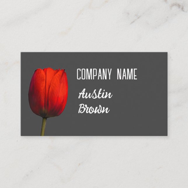  bright red tulip on charcoal gray minimalist  business card (Front)
