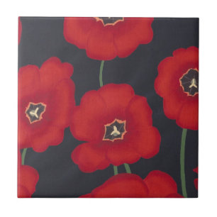 Bright Red Tulips on Black, Ceramic Tiles