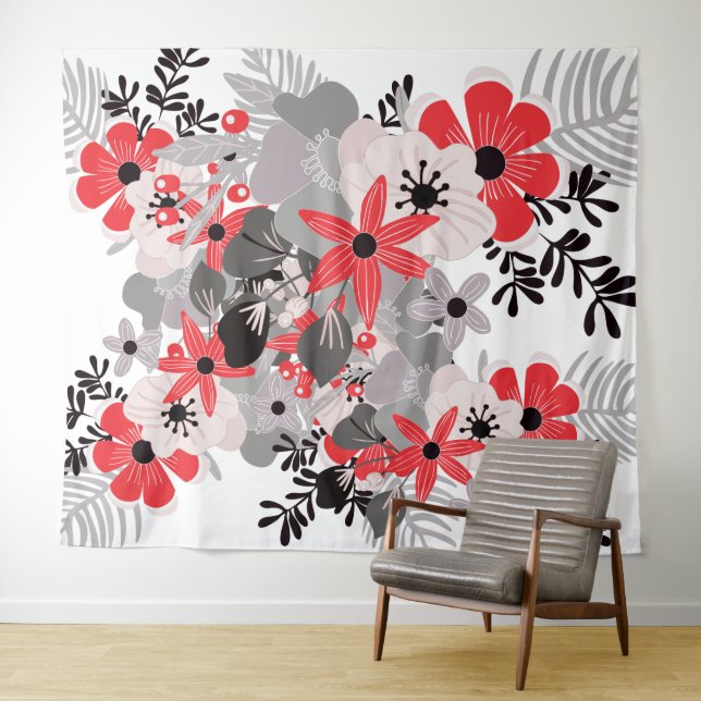 Bright Red Ultimate Gray Boho Floral Tapestry (In Situ (Horizontal))