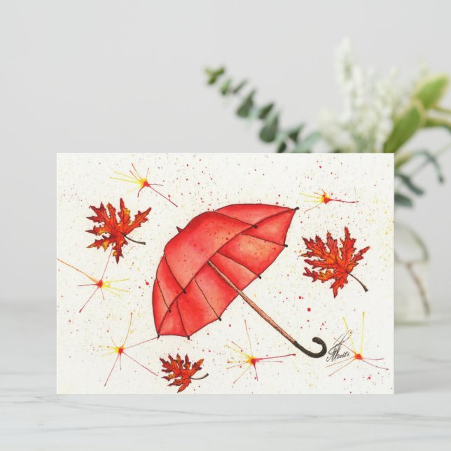 Bright red umbrella and red leaves watercolor (Standing Front)