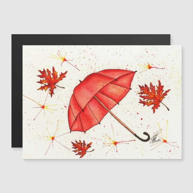 Bright red umbrella and red leaves watercolor (Front/Back)