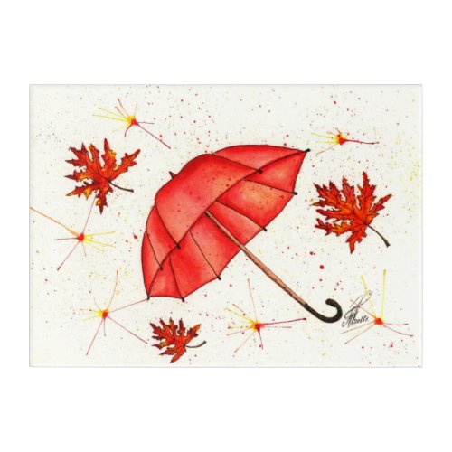 Bright red umbrella and red leaves watercolor acrylic print