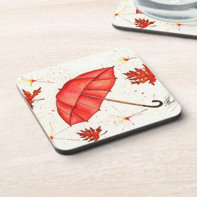 Bright red umbrella and red leaves watercolor beverage coaster (Left Side)