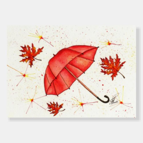 Bright red umbrella and red leaves watercolor foam board
