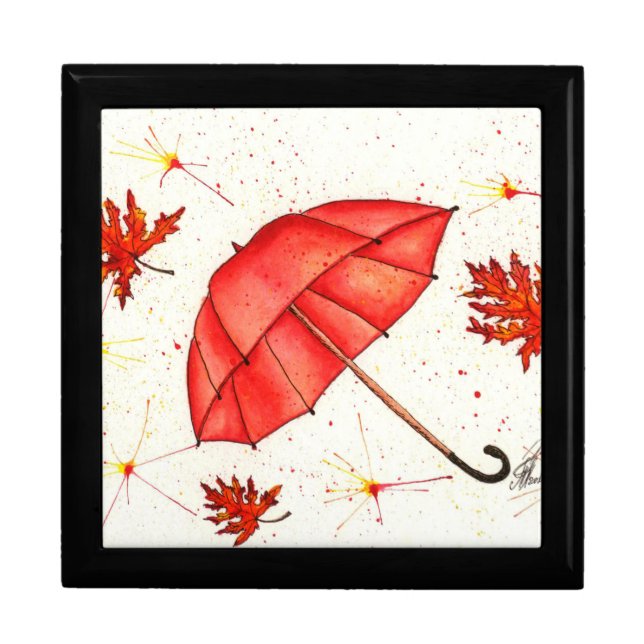 Bright red umbrella and red leaves watercolor gift box (Front)