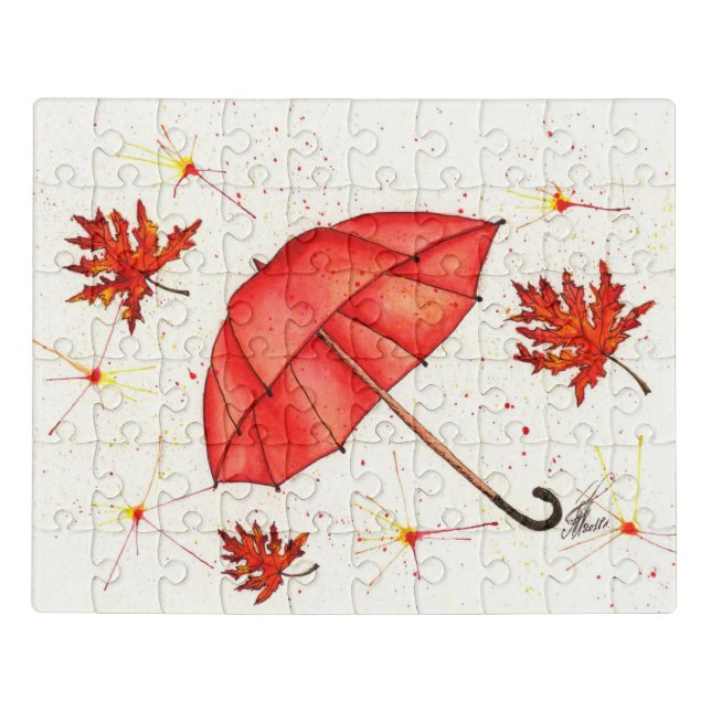 Bright red umbrella and red leaves watercolor jigsaw puzzle (Puzzle Horizontal)