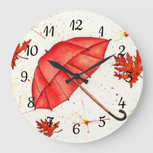 Bright red umbrella and red leaves watercolor large clock