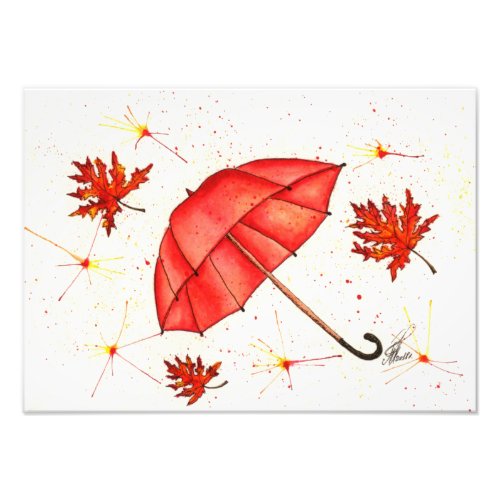 Bright red umbrella and red leaves watercolor photo print