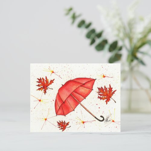 Bright red umbrella and red leaves watercolor postcard